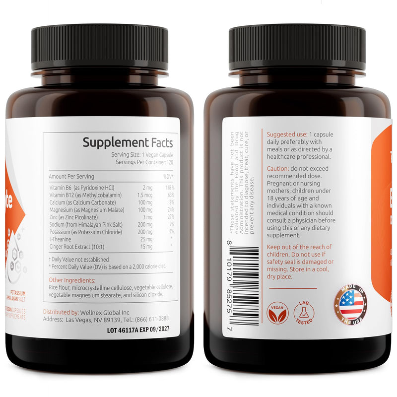 Electrolytes,120 Counts, Electrolyte Capsules with Sodium, Potassium, Magnesium, Calcium, B6 & B12, Electrolytes Replenisher Hydration Drink for Muscle & Energy Support, Made in USA