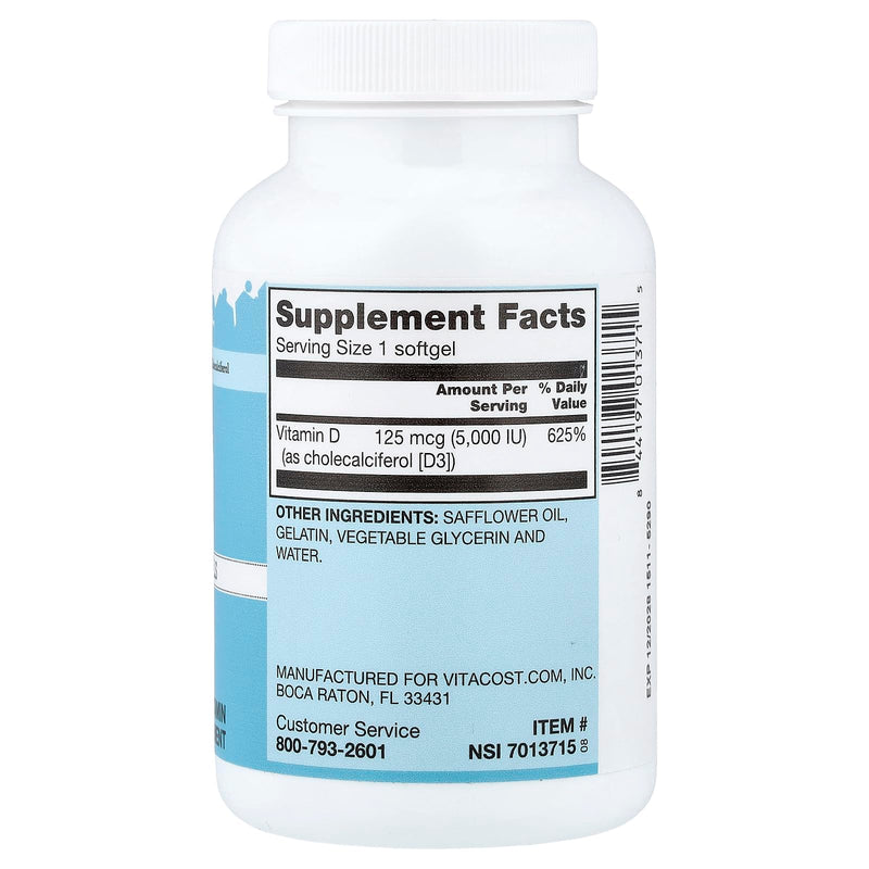 Vitacost Vitamin D3 Mini Gels, 125 mcg (5,000 IU), 365 Softgels
