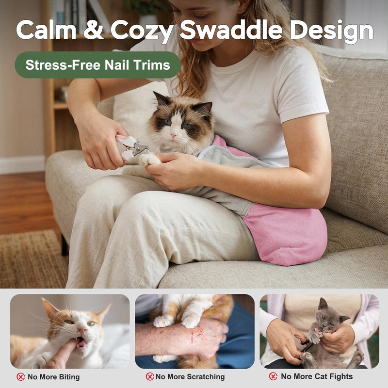 Cat Wrap for Cutting Nails, Self-Adhesive Cat Nail Clipping Restraint Bag, Anti-Scratch Cat Grooming Wrap Swaddle for Meds, SubQ Fluids, Ear Cleaning, Teeth Brushing & Vet Visits,Pink,L L(15-28lbs) Pink
