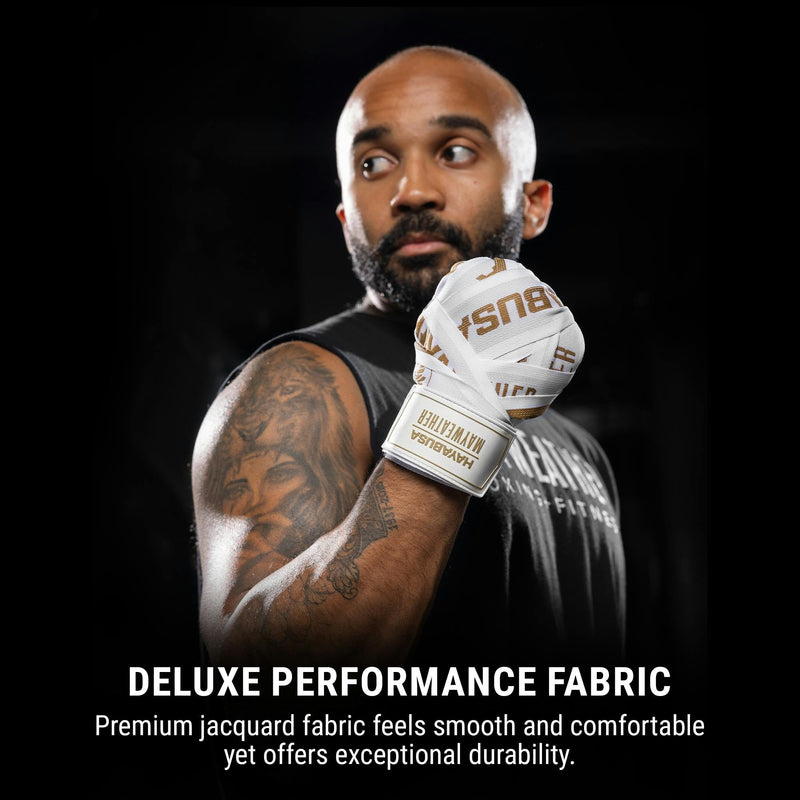 Hayabusa Mayweather Deluxe Hand Wraps for Men and Women, 180 inches White/Gold