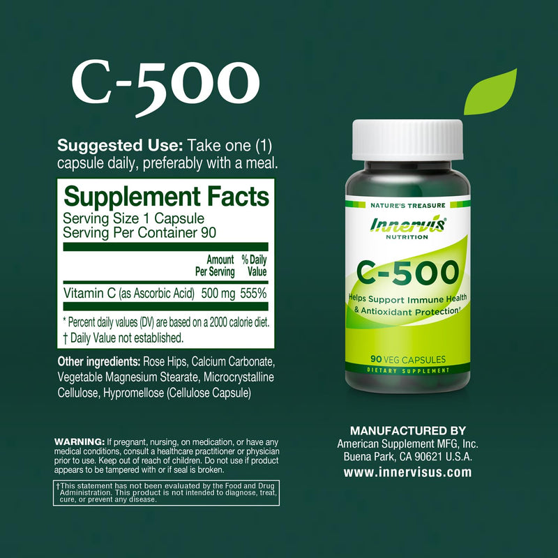 C-500, Powerful Antioxidant Protection & Immune Health, Vitamin C 500mg, 90 Veg Capsules, Daily Immunity and Wellness Support Supplement,
