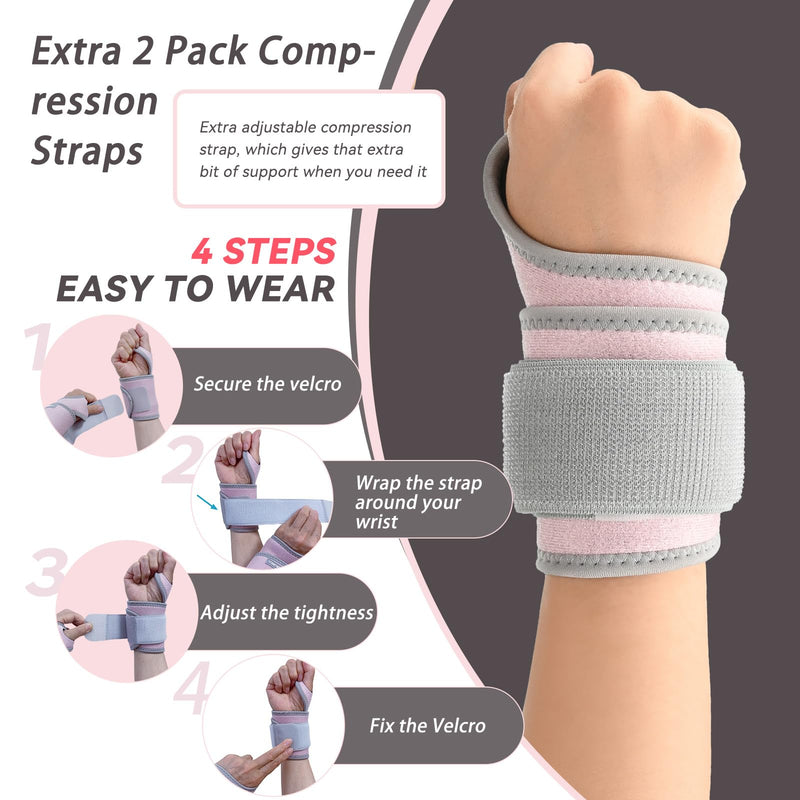 Carpal Tunnel Wrist Brace for Right Left Hand 2 Pack, Wrist Support Wraps for Women Men, Adjustable Wrist Brace for Tendonitis, Arthritis, Weightlifting, Sports, Day Night Support, Pink Pink, Wrist Support Brace, 2 Pack(Left and Right Hands)