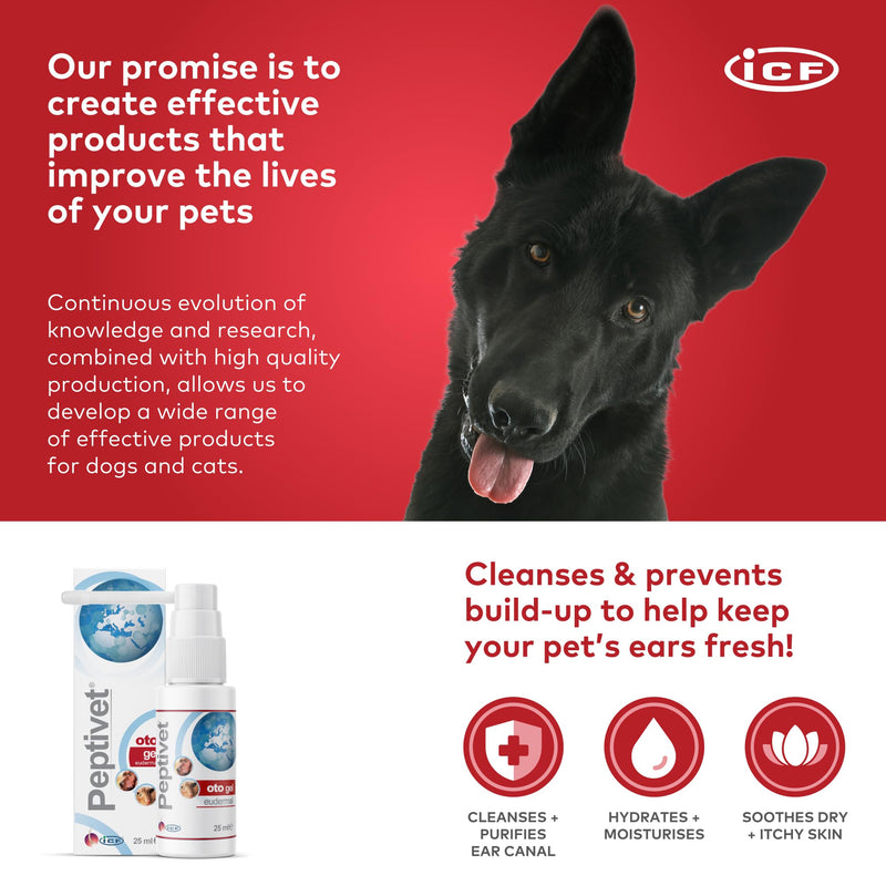 ICF | Peptivet OTO Gel Ear Cleaner Gel for Dogs & Cats | Antibacterial Anti-fungal Yeast Management | Red Itchy Skin Relief | Easy to Use | 25 ml