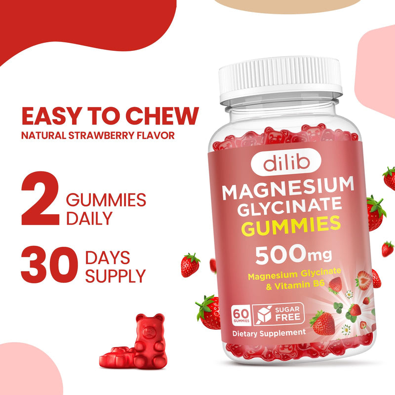 Magnesium Glycinate Gummies 500mg - Magnesium Supplement with Vitamin B6 for Adults & Magnesium for Kids - Calm Magnesium for Sleep, Mood, Muscle Support - Strawberry Flavor, 60 Gummies 60 Count (Pack of 1)