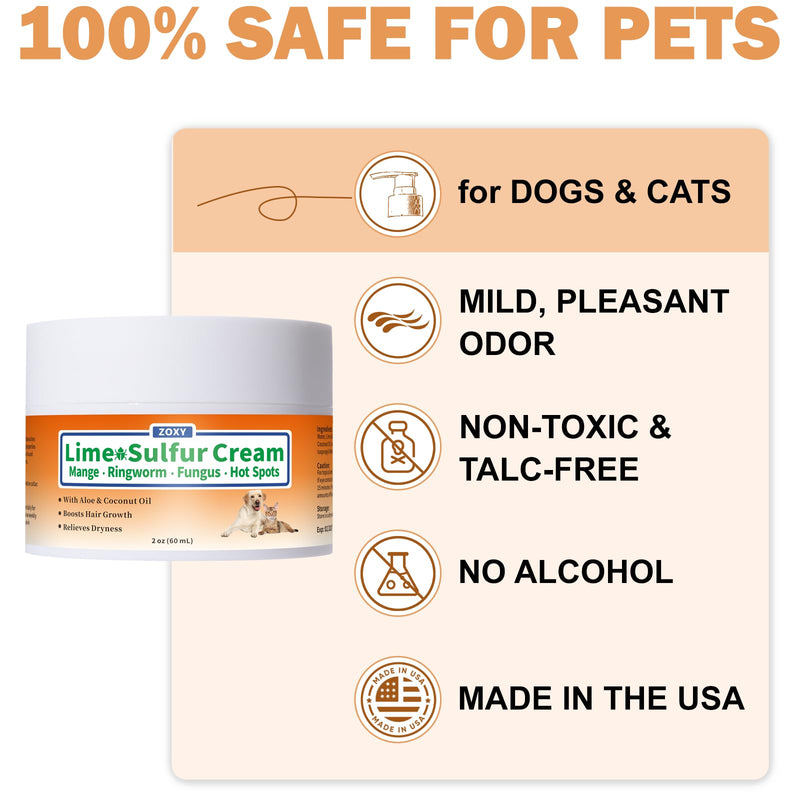 ZOXY Lime Sulfur Cream, Mange Treatment Dogs, Ringworm Treatment for Cats & Dogs, Soothes Itchy, Dry, Inflamed Skin, Promotes Hair Regrowth, Low Odor, No Rinse Needed, 2oz