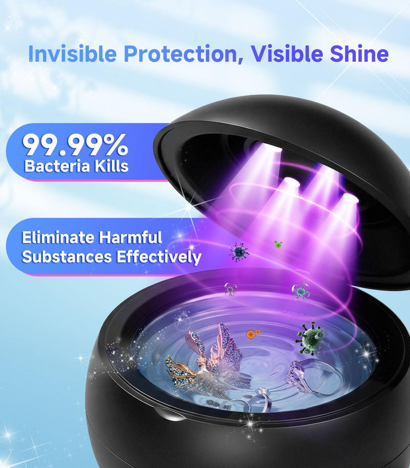 Ultrasonic Jewelry Cleaner Machine, 45KHz Retainer Cleaner Ultrasonic Professional for Aligner, Mouthguard, Ring, Earrings Sterling Silver Deep Cleaner with 4 Modes, Low Noise, 304Stainless Steel Tank Black