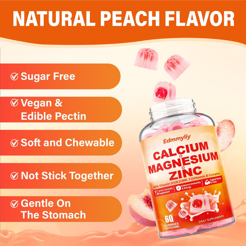 Calcium Magnesium Zinc Supplement Gummies with Vitamin D3 K2 & B Complex for Women Men 1000mg Calcium Citrate with Magnesium Gummies for Bone, Muscles & Immune Support, Sugar Free, Vegan Peach 60 Count (Pack of 2)