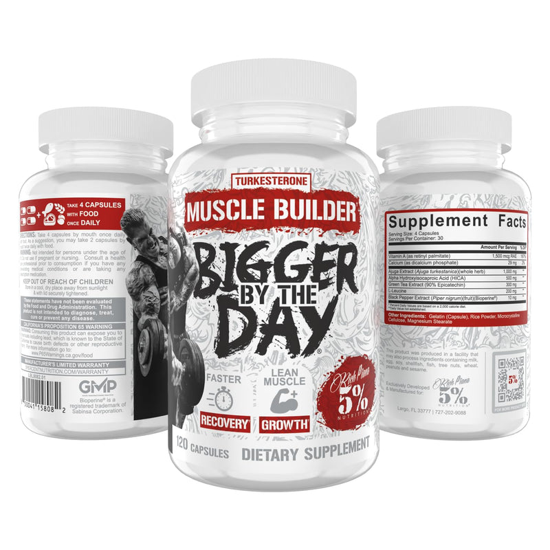 5% Nutrition Rich Piana BiggerByTheDay | Anabolic Muscle Builder,Hardcore Mass Gainer | Turkesterone,HICA,Epicatechin,Leucine | 120 Capsules (30 Servings)1 item