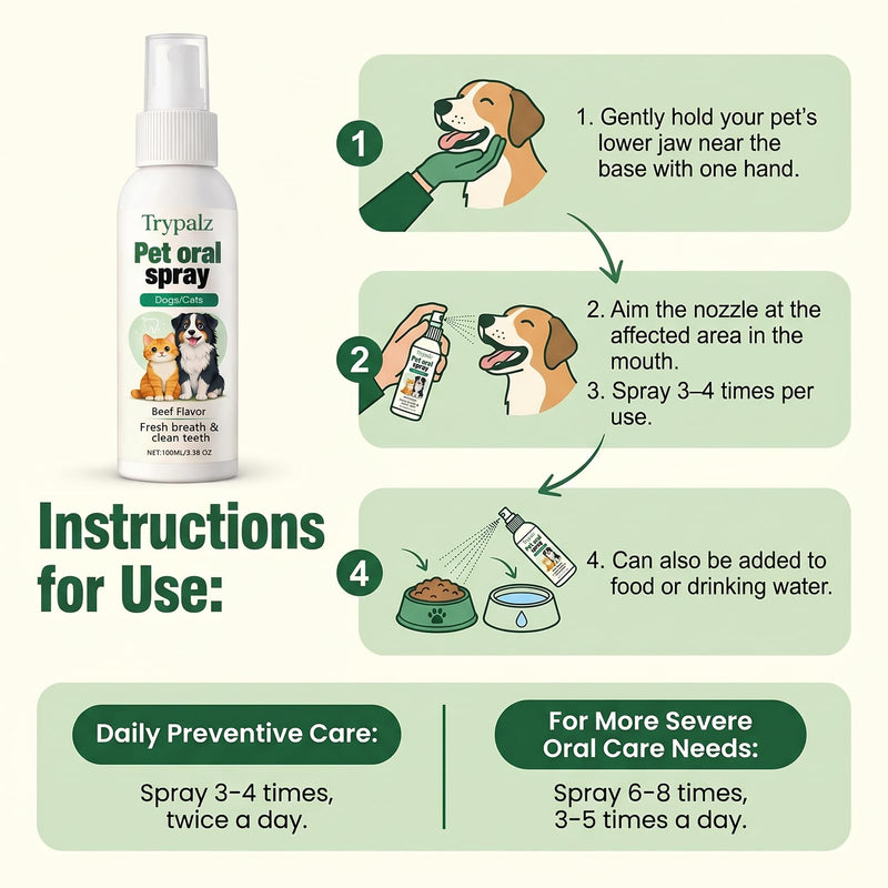 Halpilt Pet Oral Tartar Remover Spray, Trypalz Dentaclean Spray for Dogs & Cat, Plaque & Tartar Remover, Supports Fresh Breath & Clean Teeth, Eliminates Bad Breath for Healthy Gums, Beef Flavor (1) 1
