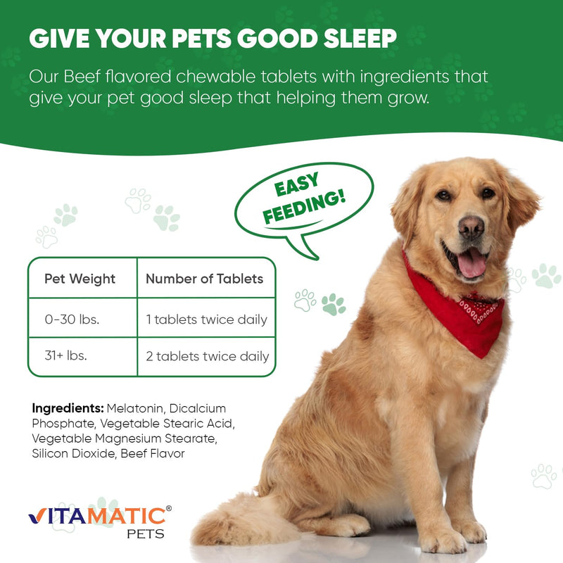 Vitamatic Melatonin for Dogs - 6 mg - 120 Beef Flavored Chewable Tablets ((Pack of 2)) (Pack of 2)