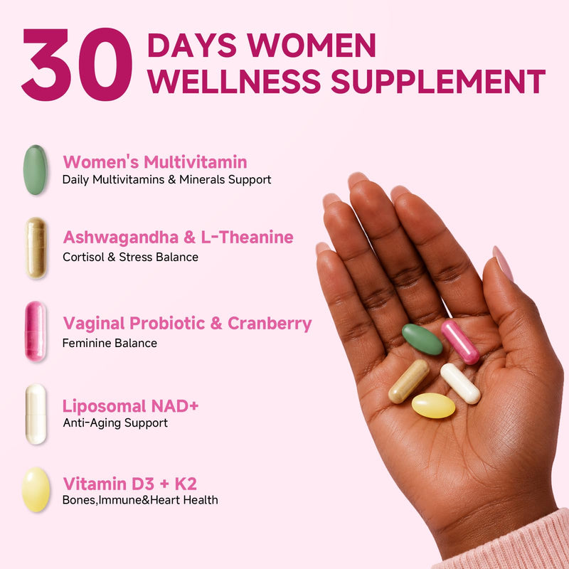 Multivitamin for Women 30+ with D3+K2, Probiotics & NR | Daily Vitamin Packs with Ashwagandha & L-Theanine, Portable Packs for Energy, Gut Health, Bone Support, 60 Day Supply 2 Box