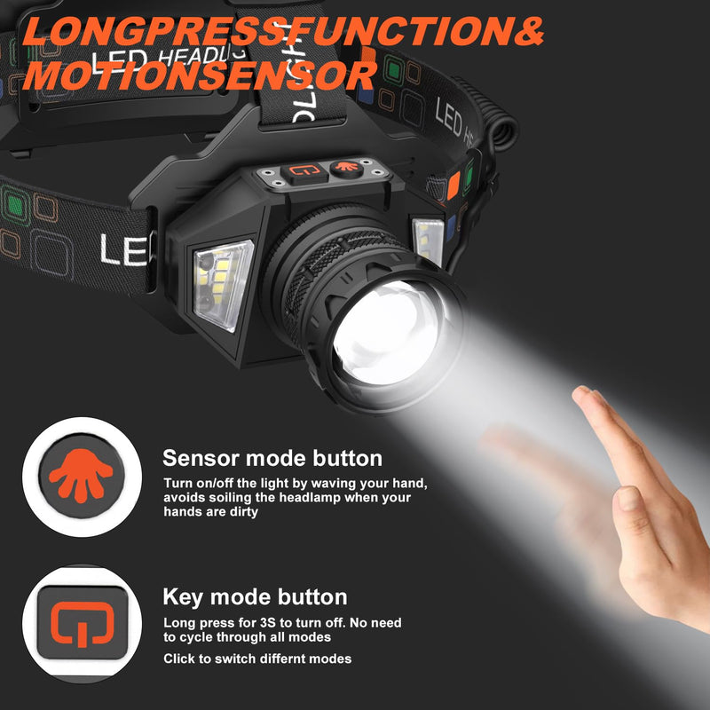 LED Headlamp Rechargeable, 3000 Lumens Head Lamp Battery Power | 9 Modes | 72H Long Battery Life | Motion Sensor | Red Light | IP65 Waterproof | 90° Adjustable Headlight for Hardhat, Camping, Hiking