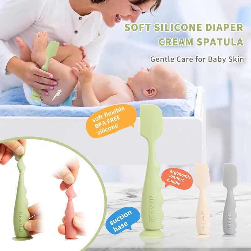 Baby Diaper Cream Spatula with Case-1 Large 2 Mini Butt Paste Spatula with 2 Travel Case-Soft Baby Butt spatula baby Diaper Cream Applicator-Diaper Rash spatula Bum Spatulas Brush Green Gray Beige