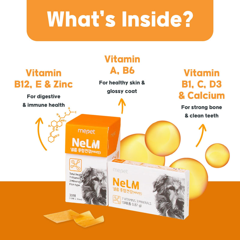 Mepet NeLM Multivitamin for Dogs - 10 Vitamins and Minerals for Skin & Coat, Hip & Joint Support, Digestion, Immune Health - Oral Dissolving Film, Allergens and Additives Free - Beef Flavor (30 Films) - BeesActive Australia