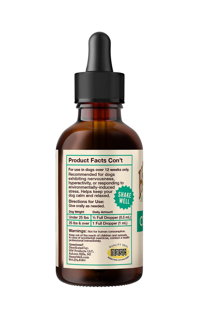 Hemp Well Calm Dog Oil, Calming Support for Dogs with Chamomile, Melatonin & Lemon Balm, Organic Hemp Seed Oil, Stress Support for Travel, Thunderstorms & Separation, 2 oz