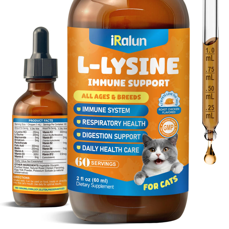 L-Lysine Supplement for Cats - Immune Support Lysine Drops of All Ages - Feline Respiratory, Sneezing, Runny Nose, Eye Function - Boost Natural Strengthen Defenses, Roast Chicken Flavor 60 ML