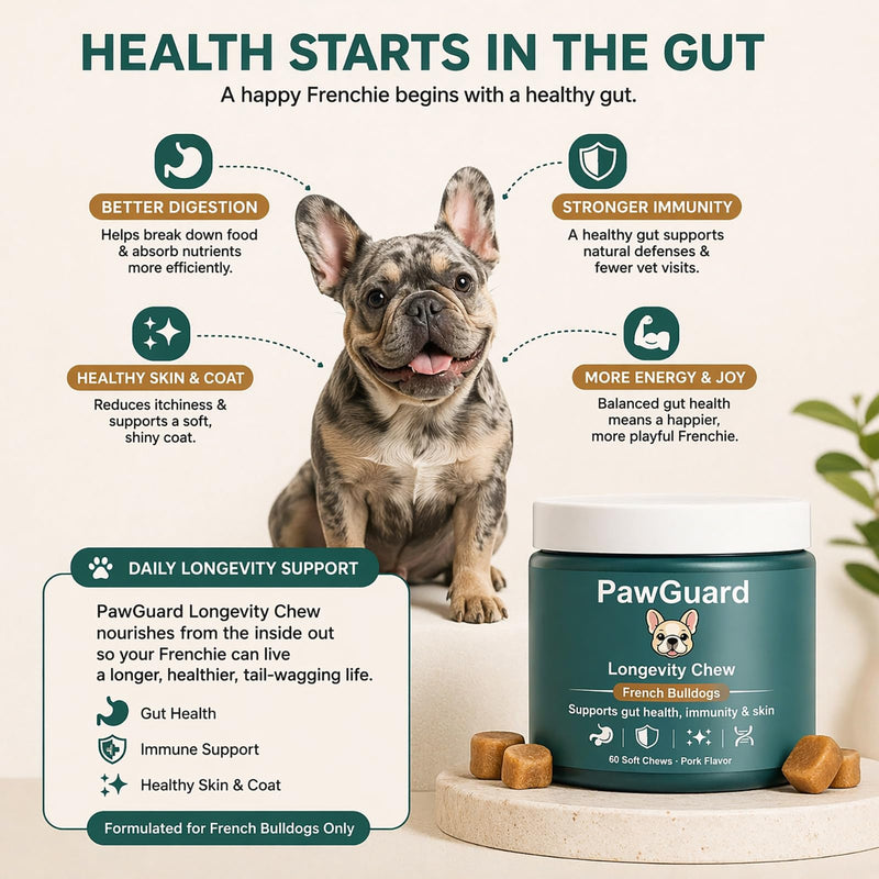 PawGuard French Bulldog Longevity Chews, Breed-Specific Formula for Gut Health, Skin & Coat, Immune System, Joint Mobility Pork Flavor, 60 Count Probiotics Chews (1 PC) 1 PC
