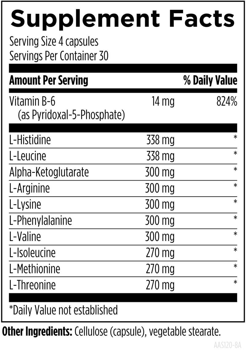 Designs for Health Amino Acid Synergy - Vegetarian Essential Amino Acids Supplement with BCAAs, Alpha-Ketoglutarate, Methionine + B6 (P-5-P) - Support for Athletes + Muscles (120 Capsules) Standard Packaging