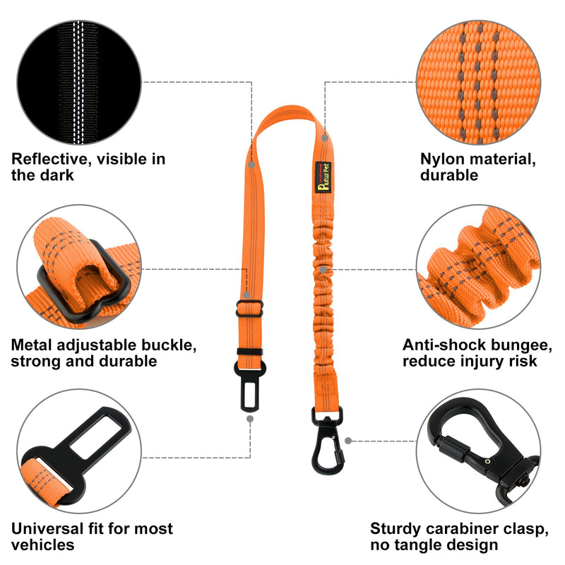 Plutus Pet Dog Seat Belt for Car, Adjustable Dog Car Harness with Carabiner Clip, Reflective Safety Dog Seatbelt Leash with Elastic Bungee, Orange - BeesActive Australia