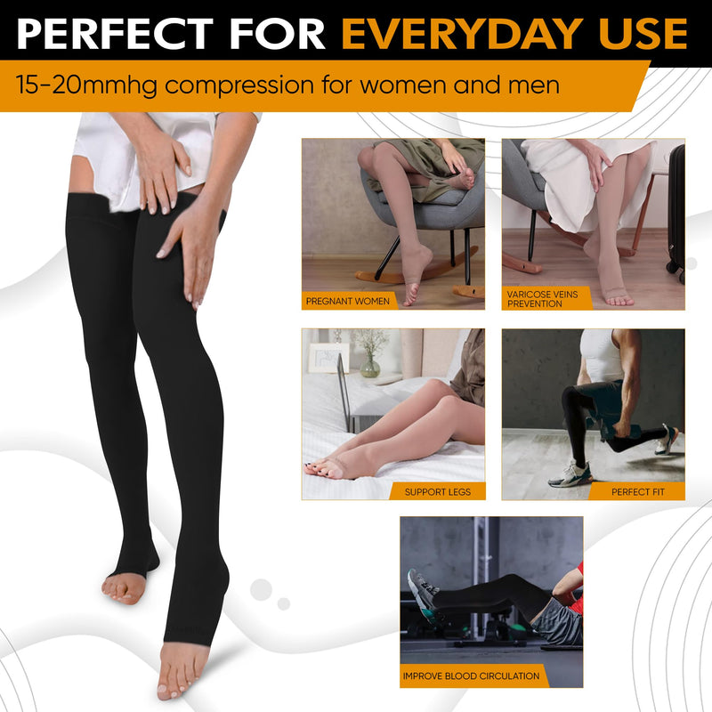 Doc Miller Thigh High Open Toe Compression Stockings 15-20mmHg Large Black