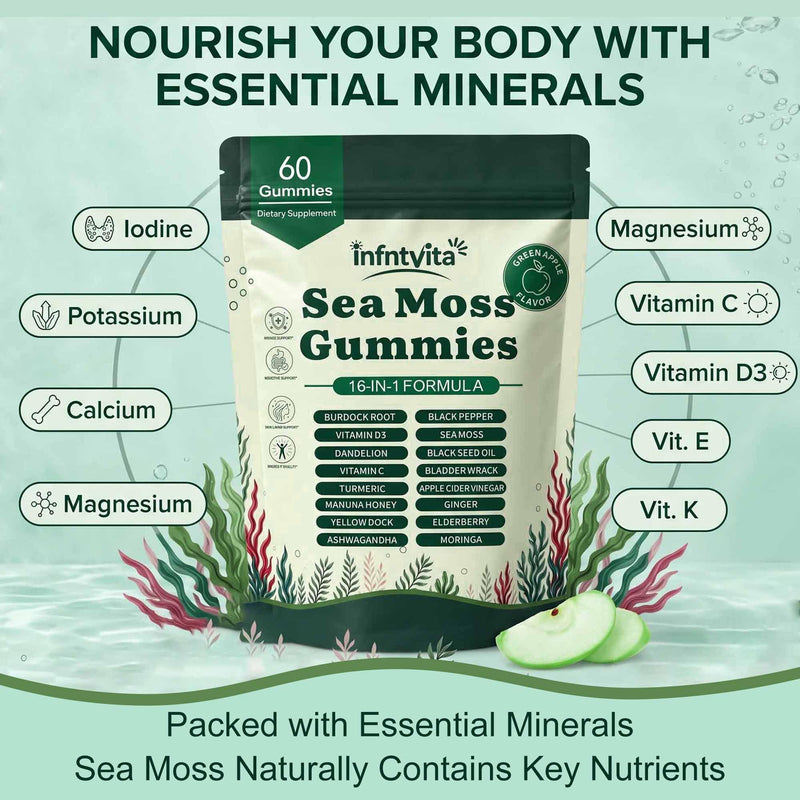 Sea Moss Gummies 16-in-1 with Ashwagandha, Black Seed Oil, Ginger, Turmeric, Manuka Honey, Black Pepper, Moringa, Elderberry–Daily Wellness & Immune Support–Apple Flavor, 60 Gummies