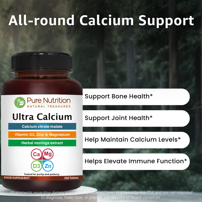 Pure Nutrition Ultra Calcium Citrate 1000mg Highly absorbable Calcium Supplement with Calcium Citrate Malate, Vitamin D, Zinc and Magnesium - 1 Tablet Daily (180 Veg Tabs) Non-GMO | Gluten-Free 1 Count (Pack of 1)