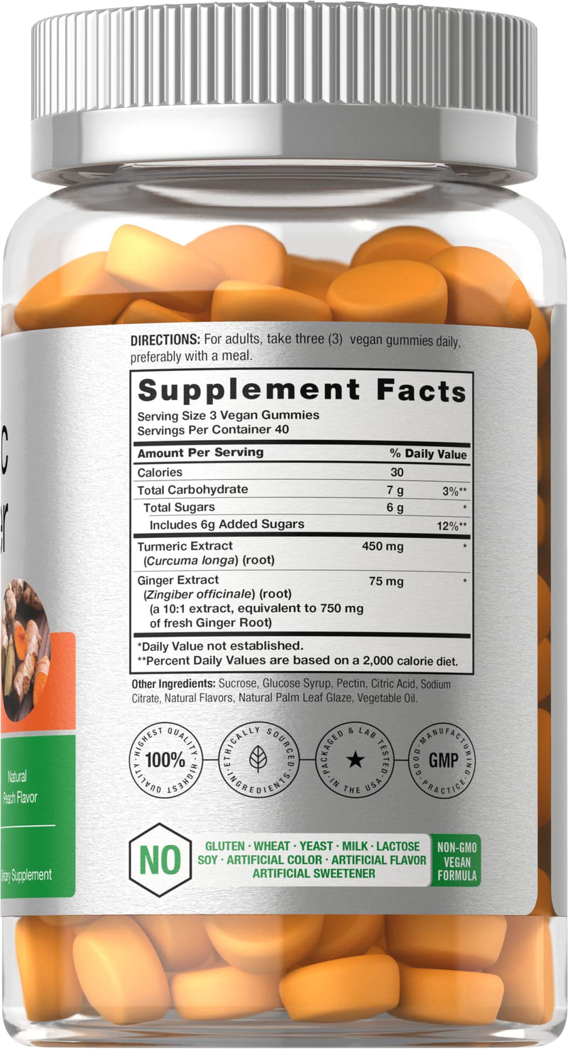 Horbäach Turmeric and Ginger Gummies | 120 Count | Peach Flavor | Vegan Non-GMO & Gluten Free Supplement - BeesActive Australia