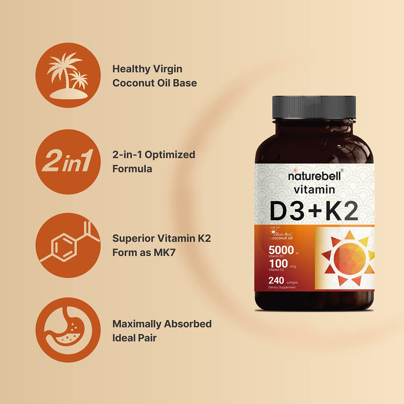 NatureBell Vitamin D3 5000 K2 (MK7) with Virgin Coconut Oil, 240 Softgels, 100mcg, 2 in 1 Support, Duo-Ack | 8 Months Supply | Third Party Tested, Non GMO & No Gluten D3 K2 5,000 IU 240 Count (Pack of 1) - BeesActive Australia