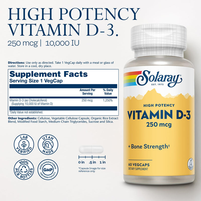 SOLARAY Vitamin D3 10000IU (250 mcg), VIT D3 Cholecalciferol, 60 Veg Caps | High Potency Vitamin D Supplement for Men & Women, Bones and Immune Health Support Capsules