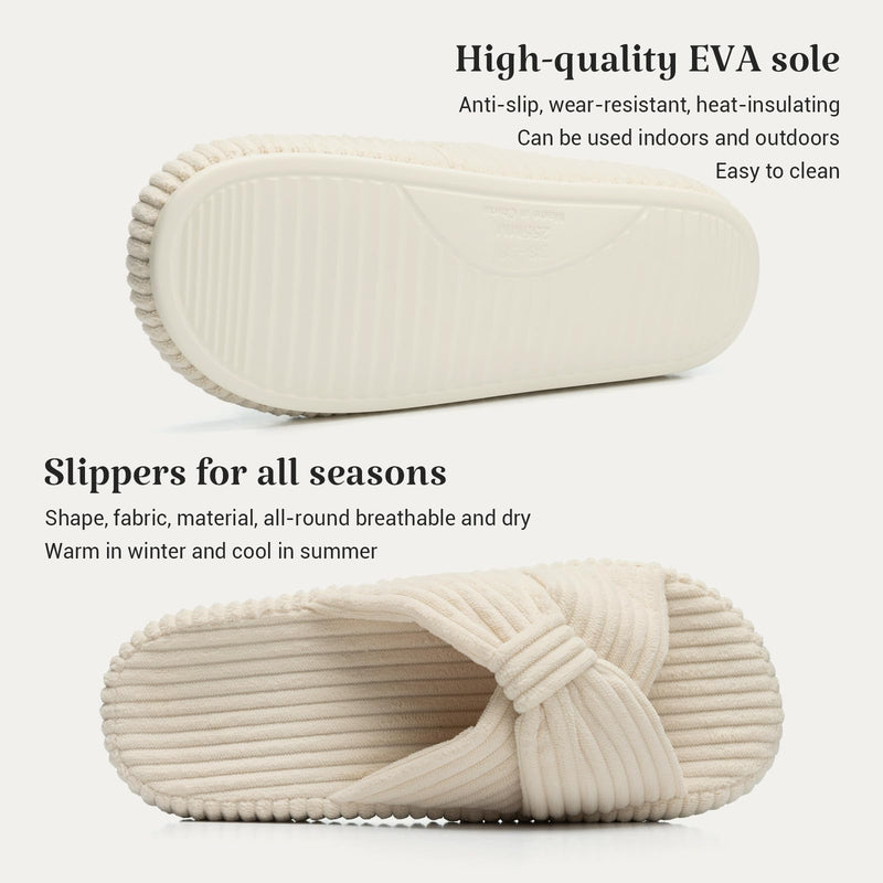 Chantomoo Orthopedic Arch Support Slippers for Women Memory Foam House Corduroy Bow Crossbands Slipper Comfy Gift Slippers 9-10 Beige