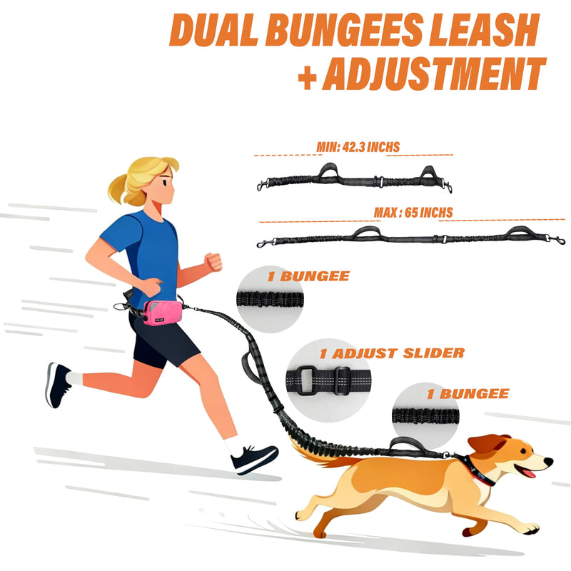 Hands Free Dog Leash with Waterproof Pouch, Adjustment Bungee Leash with Dual Soft Padded Handles for Hiking, Walking, Jogging and Running Your Dogs(Pink) pink - BeesActive Australia