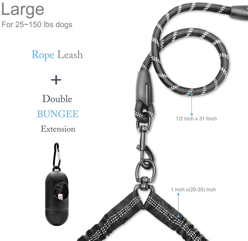 Dog Leash, Double Dog Leash for Two Dogs, Heavy Duty Adjustable Dual Dog Leash No Tangle, Bungee Retractable Split Multiple Leash for Walking 2 Dogs, Dog Poop Bags Trip Essentials (5.5FT-1/2”, Black) - BeesActive Australia