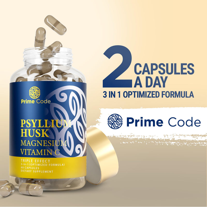 Prime Code [ 3 𝐢𝐧 𝟏] Psyllium Husk Capsules with Magnesium Citrate and Vitamin C | Psyllium Husk Capsules 1000mg | Magnesium Citrate 200mg | Vitamin C 250mg | Non-GMO | Gluten & Soy Free | Vegan