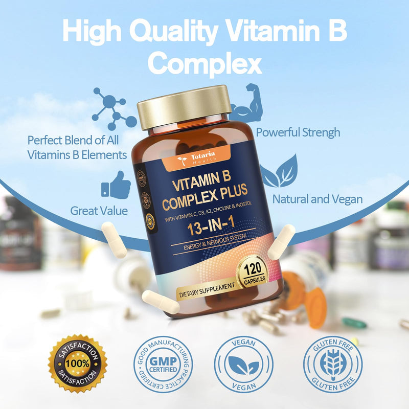13-in-1 Vitamin B Complex Plus with Vitamin B1, B2, B3 (Niacinamide), B4, B5, B6, B7 (Biotin), B8 (Inositol), B9 (Folate), B12, C, D3, K2 - Energy, Nerve, Immune, Skin Support - 120 Vegan Capsules 1