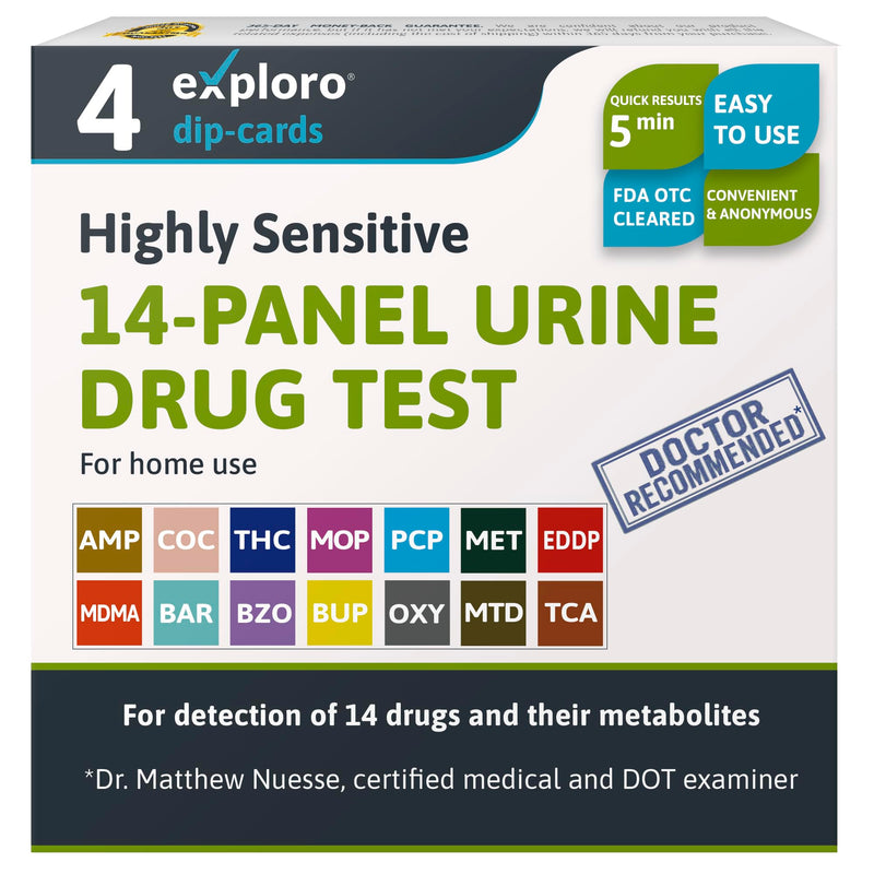 Exploro 14 Panel Urine Drug Test Kit, Instant at Home Drug Test for 7 Illicit & 7 Prescription Drugs THC,OPI,AMP, BAR, BUP, BZO, COC, mAMP, MDMA, MTD, OXY, PCP, EDDP, TCA, Drug Test Kit (Pack of 4) 4 Count ( Pack of 1) - BeesActive Australia