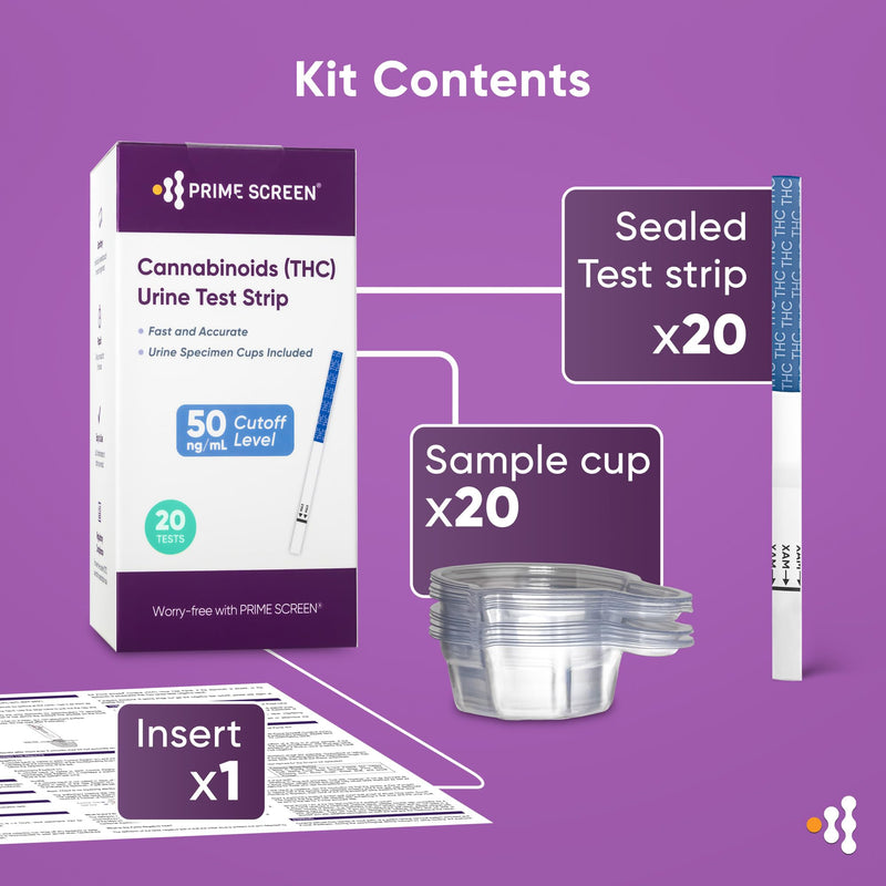 PRIME SCREEN® Cannabinoids (THC) Urine Test Strip 20 Pack with Cups Included, Highly Accurate and Sentitive at Home Marijuana Drug Test Kit