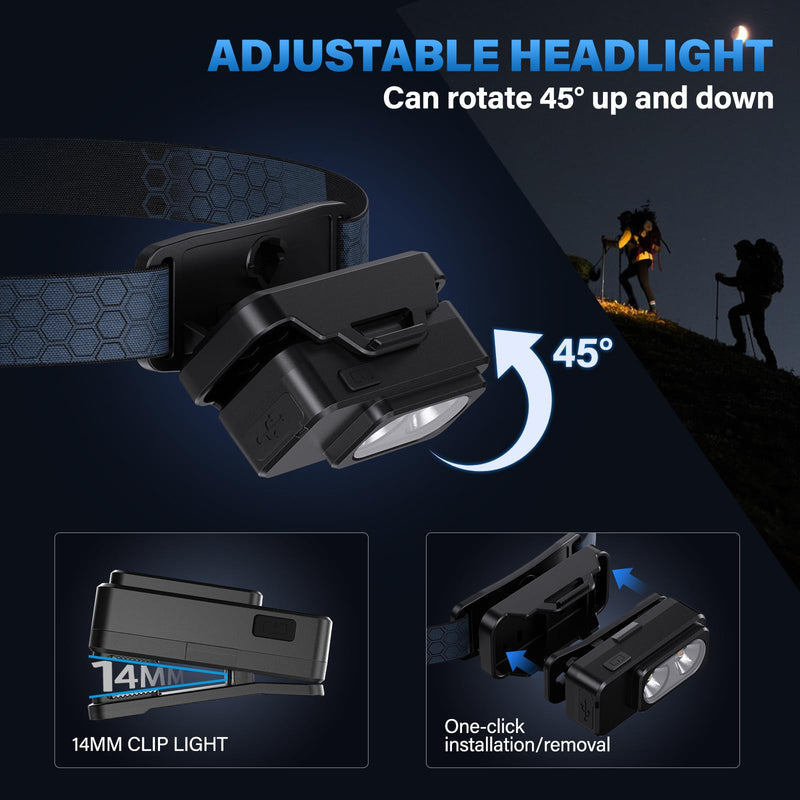 Headlamp Rechargeable 2PCS，Super Bright Motion Sensor Head Lamp with 8 Modes ，Head Lights for Forehead with Clip & Magnetic， IPX7 Waterproof Led Headlamp for Camping, Hunting，Hard Hat