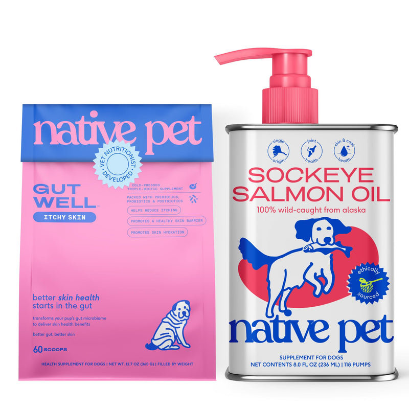 Native Pet Skin & Coat Support Pack Bundle: 60 Scoops GutWell Itchy Skin - Dog Itching Skin Relief & Seasonal Allergy Itch Relief & 8 Oz. Salmon Oil for Dogs & Cats – Pure Omega-3 Fish Oil