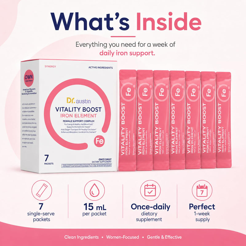 Dr. Austin Vitality Boost Iron Element with B-Vitamins & C - Gentle, High-Absorption Formula for Energy Support - 7 Liquid Packets 1