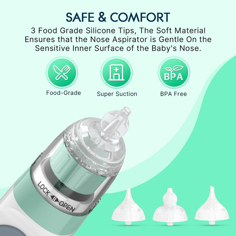 Electric Nasal Aspirator for Baby, Nose Aspirator for Toddlers, Waterproof Baby Nose Sucker, Nose Cleaner with 3 Silicone Tips, Adjustable Suction Level, Music and Light Soothing Function,Green Green
