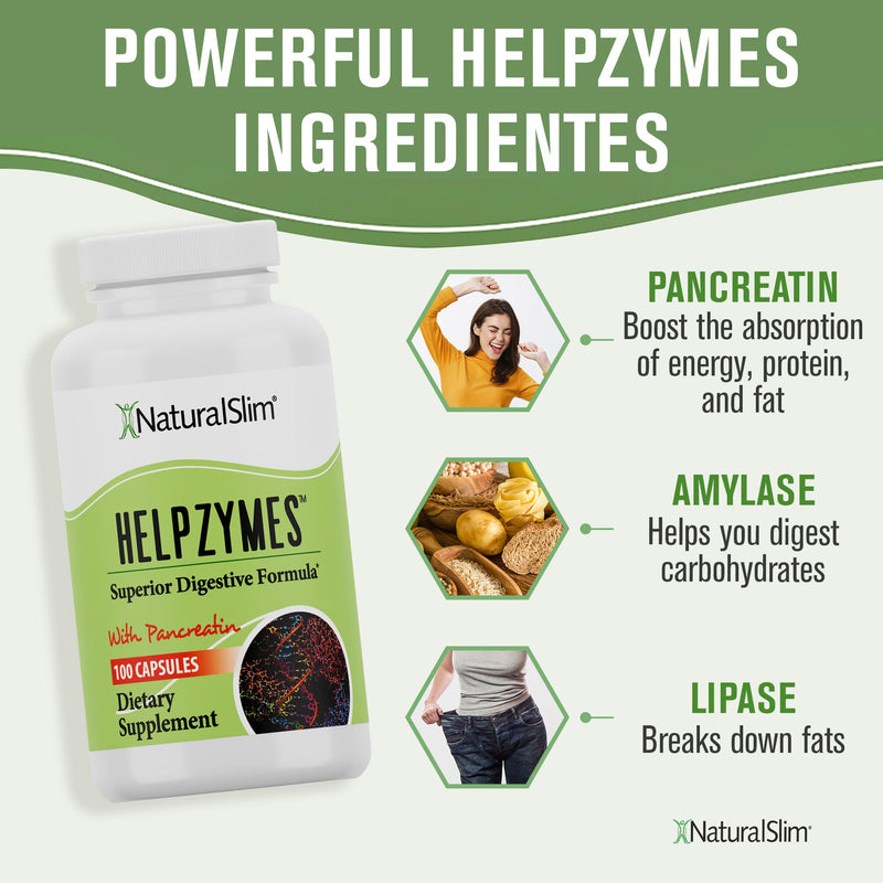 NaturalSlim Digestive Enzymes for Women & Men - Helpzymes Essential Enzymes for Digestion, Gut Health, Gas Bloating Relief with Bromelain, Ox Bile, Pancreatin. & Betaine HCL - 100 Capsules Solo 1