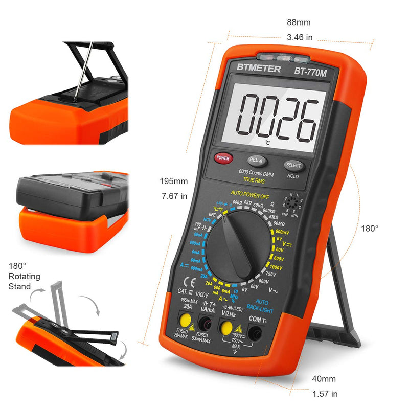 Digital Multimeter TRMS 6000 Count, BTMETER BT-770M Auto/Manual Ranging DMM Electrical Meter Tester for AC/DC Amp, AC/DC Volt, Ohm Capacitance Frequency Continuity Temperature NCV, Auto Backlight AC/DC 20A & Mechanical Block 770M - BeesActive Australia
