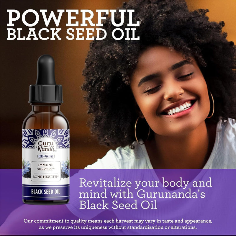 GuruNanda Black Seed Oil, Cold-Pressed Nigella Sativa - Rich in Vitamin D3 5000 Units, K2 & E, High Thymoquinone | Potent Antioxidant for Immune Support, Non-GMO, 2 Fl.oz,(Pack of 2) 2 Fl Oz (Pack of 2)
