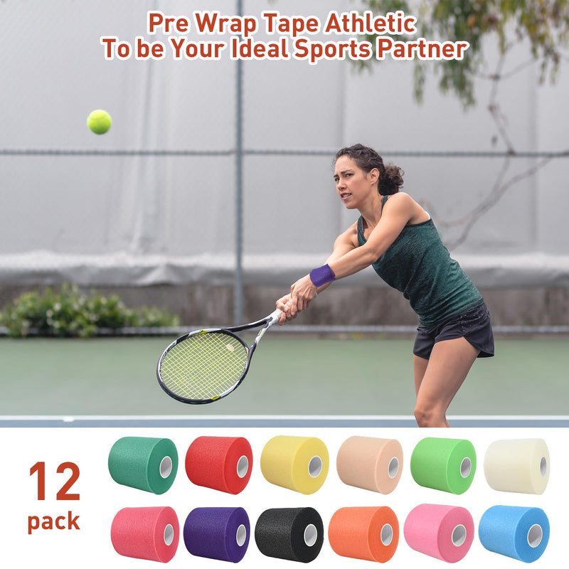 12 Pcs Pre Wrap Tape,2.75 Inch X 10.6 Inch,(360 Yards) Pre Wrap Foam Underwrap Sports Pre-Wrap Tape,Pre Wrap Athletic Tape for Sports,Hair,Ankles,Hands and Knees,Water-Resistant,(12 Colors) - BeesActive Australia