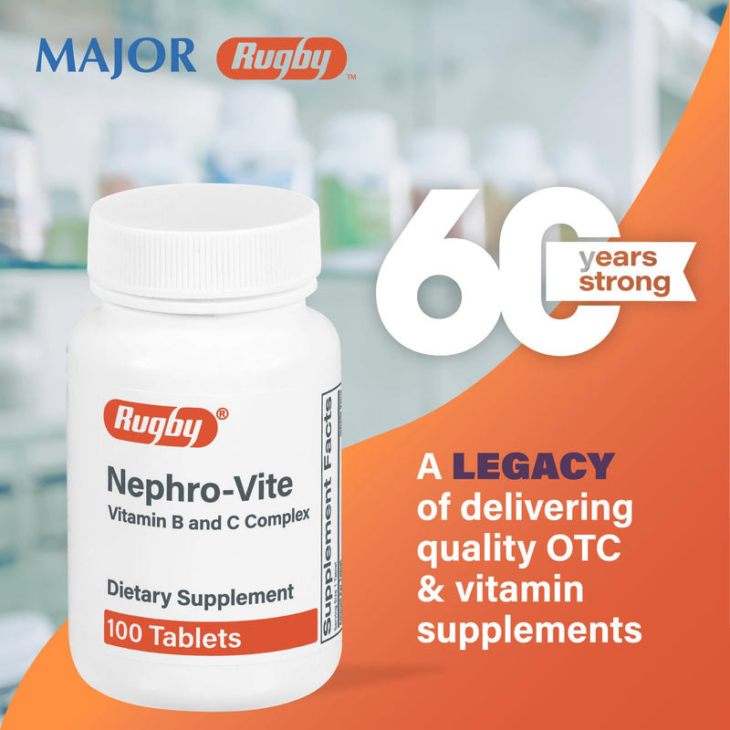 Rugby Nephro-Vite Vitamin B and C Complex Tablets, 100 Count (1-Pack) | Gluten Free Dietary Supplement for Adults with 60 Mg of Vitamin C, and 10 Mg of Vitamin B6 100 Count (Pack of 1)