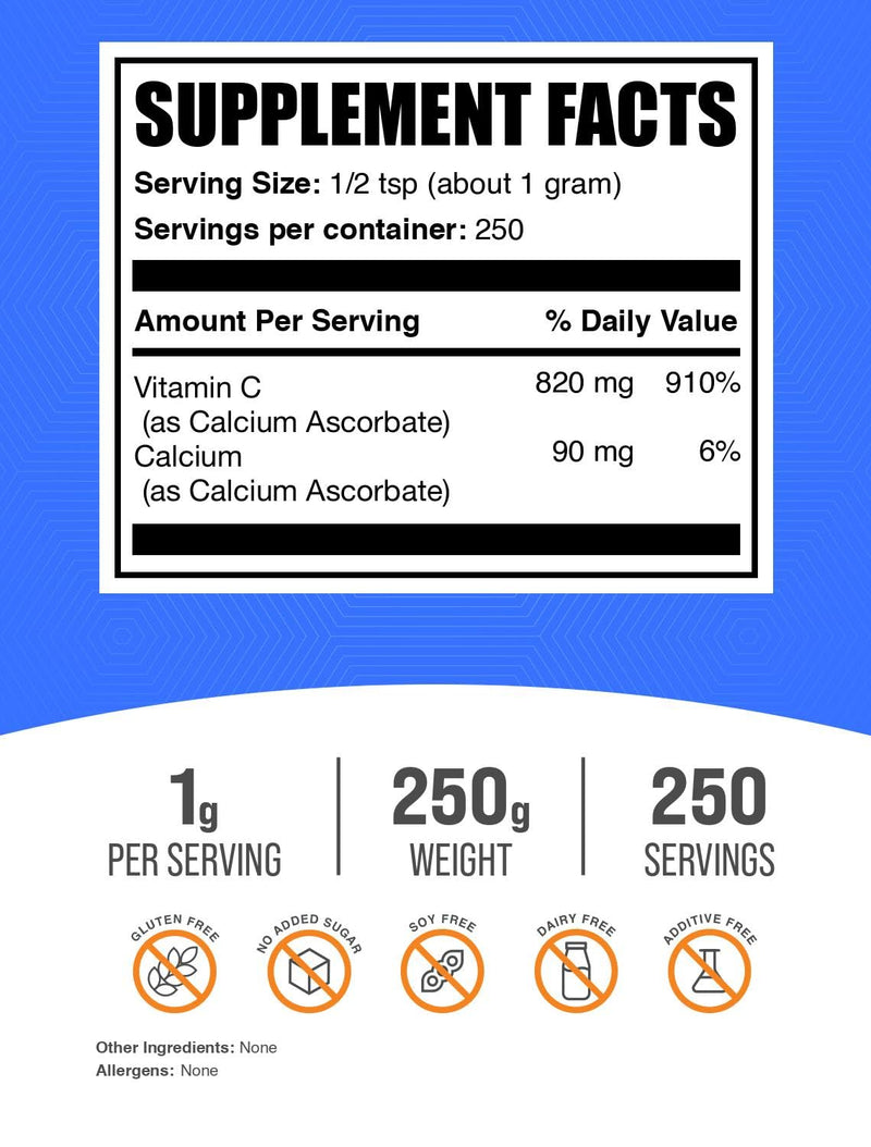 BulkSupplements.com Calcium Ascorbate Powder - Buffered Vitamin C Supplement, Calcium Powder - Vegan & Gluten Free, 1g per Serving, 250g (8.8 oz) (Pack of 1) 8.82 Ounce (Pack of 1)