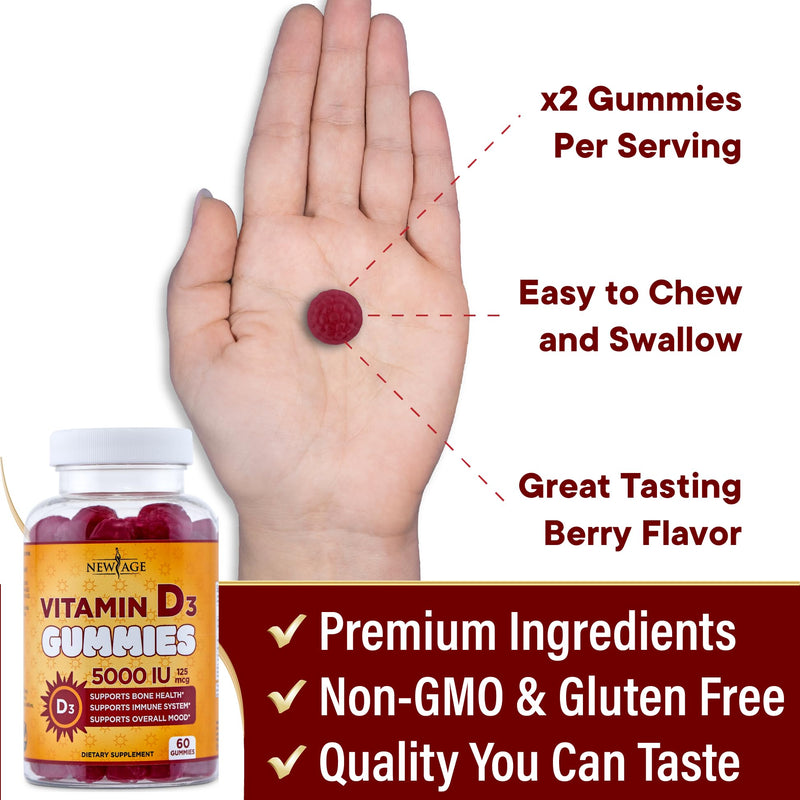 NEW AGE Vitamin D3 5000 IU 125mcg Gummies - Support Immune Support, Strong Bone Health - Non-GMO, Gluten-Free, Dairy-Free, No Gelatin (120 Gummies (Pack of 2)) 120 Gummies (Pack of 2) - BeesActive Australia