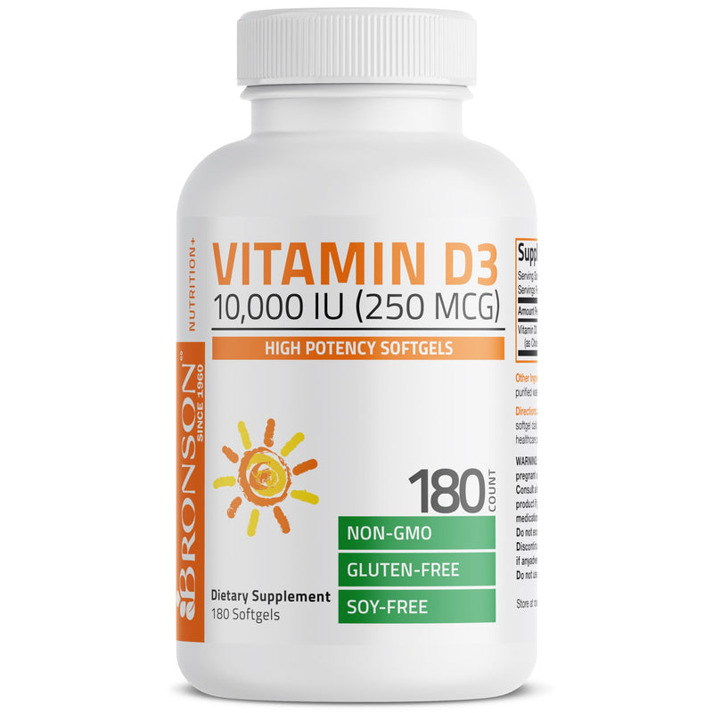 Bronson Vitamin D3 10,000 IU (250 mcg) Immune Support, 180 Softgels | Bone, Muscle, Teeth & Nervous System Support, Once-Daily, Non-GMO, Gluten-Free & Soy-Free 180 Count (Pack of 1)