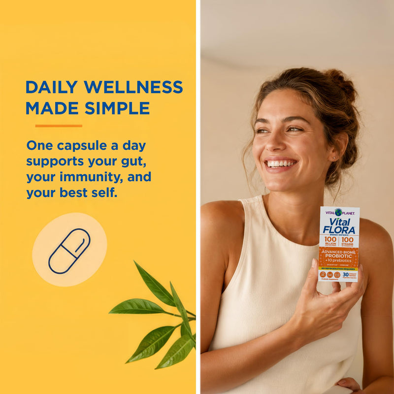 Vital Planet - Vital Flora Advanced Probiotic 100 Billion CFU, 100 Diverse Strains, 10 Organic Prebiotics, Immune Support, Digestive Health Shelf Stable Probiotics for Women and Men 30 Capsules