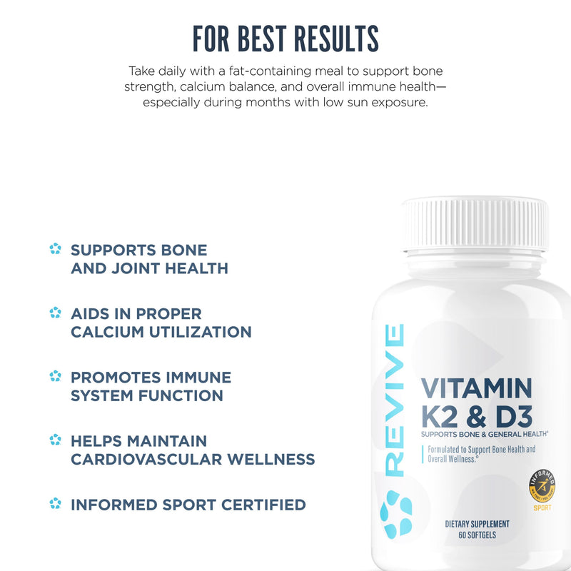 REVIVE MD Vitamin D3 & K2 Supplement for Women & Men, 5000 IU - Physician Formulated K2 & D3 Vitamin Supplement Supports Bone Health & Muscle Strength - Immune & Cardiovascular Support (60 Servings)
